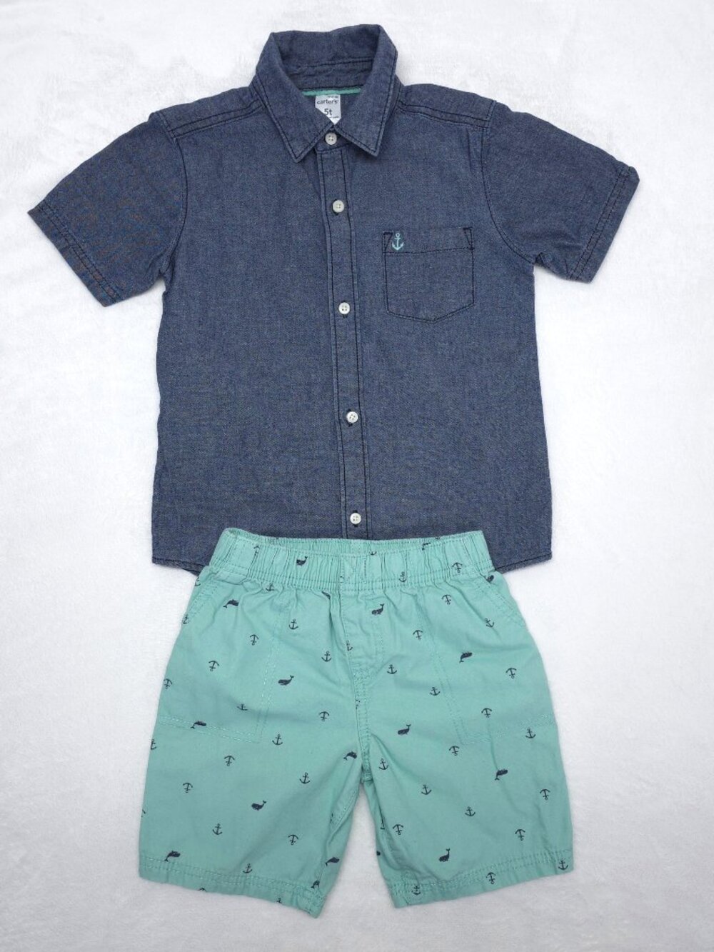 Carter’s 5T Nautical Outfit Chambray Shirt Anchor Whale Shorts